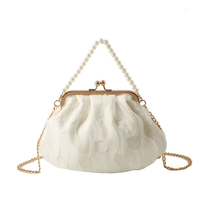 2024 NEW RETRO FAIRY SOLID COLOR kleine Tasche weiße Handtasche Perlen Tasche weibliche Netzgarn in einfache Crossbody-Tasche