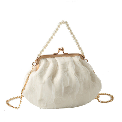 2024 NEW RETRO FAIRY SOLID COLOR kleine Tasche weiße Handtasche Perlen Tasche weibliche Netzgarn in einfache Crossbody-Tasche