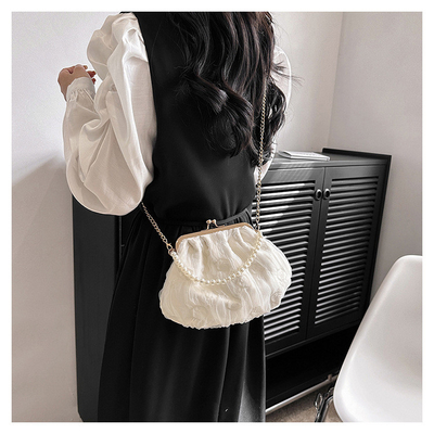 2024 NEW RETRO FAIRY SOLID COLOR kleine Tasche weiße Handtasche Perlen Tasche weibliche Netzgarn in einfache Crossbody-Tasche