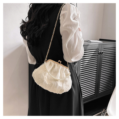 2024 NEW RETRO FAIRY SOLID COLOR kleine Tasche weiße Handtasche Perlen Tasche weibliche Netzgarn in einfache Crossbody-Tasche