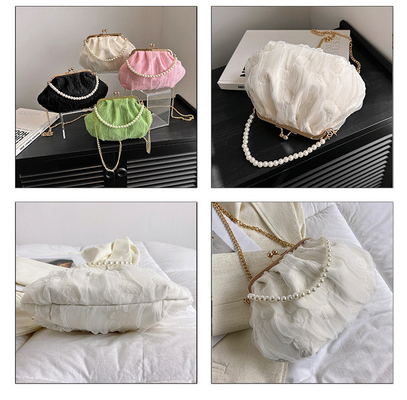 2024 NEW RETRO FAIRY SOLID COLOR kleine Tasche weiße Handtasche Perlen Tasche weibliche Netzgarn in einfache Crossbody-Tasche