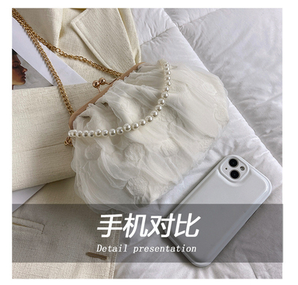 2024 NEW RETRO FAIRY SOLID COLOR kleine Tasche weiße Handtasche Perlen Tasche weibliche Netzgarn in einfache Crossbody-Tasche