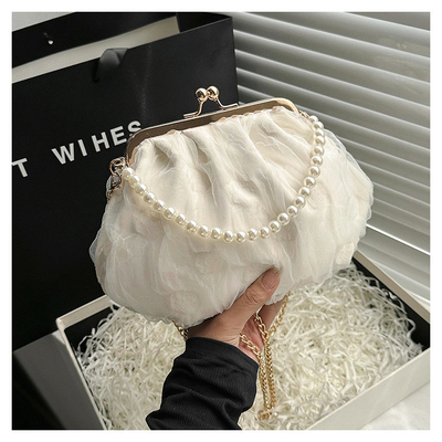 2024 NEW RETRO FAIRY SOLID COLOR kleine Tasche weiße Handtasche Perlen Tasche weibliche Netzgarn in einfache Crossbody-Tasche