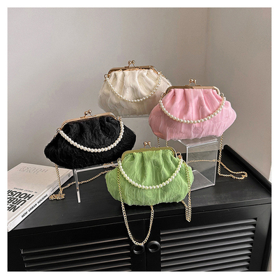 2024 NEW RETRO FAIRY SOLID COLOR kleine Tasche weiße Handtasche Perlen Tasche weibliche Netzgarn in einfache Crossbody-Tasche