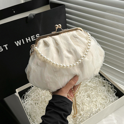 2024 NEW RETRO FAIRY SOLID COLOR kleine Tasche weiße Handtasche Perlen Tasche weibliche Netzgarn in einfache Crossbody-Tasche