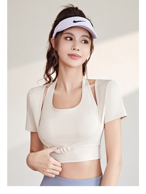 Neue schnell trocknende Pfirsich-Halter-Top Yoga Kurzärmel Kurzärmel mit Brustkissen Enge Fitness-T-Shirts Sport Kurzärmel