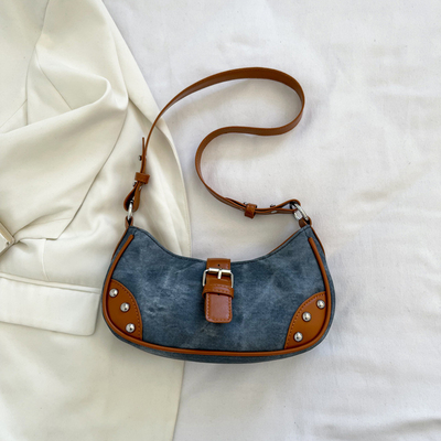 FRENCHISCHE MODE Casual Unterarmtasche Frauen 2024 Neue Textur Baguette Tasche Einfache Farbe Patchwork Schultertasche TIDE