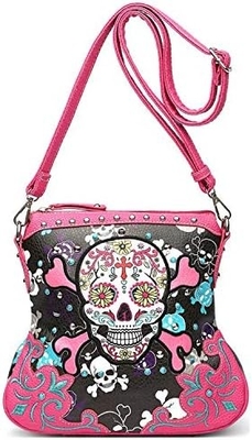 Zucker Schädel Tag der Toten Kreuz Knochen Felsen Metall Tasche Skelett Leder Tasche Frauen Kreuzkörper Handtasche Schultertasche