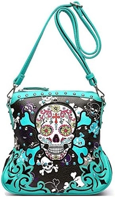 Zucker Schädel Tag der Toten Kreuz Knochen Felsen Metall Tasche Skelett Leder Tasche Frauen Kreuzkörper Handtasche Schultertasche