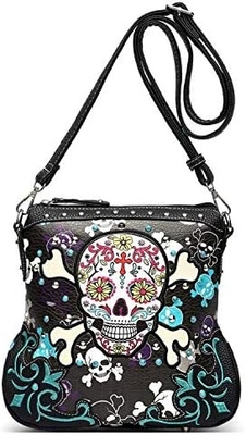 Zucker Schädel Tag der Toten Kreuz Knochen Felsen Metall Tasche Skelett Leder Tasche Frauen Kreuzkörper Handtasche Schultertasche