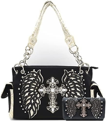 WESTERN STYLE RINESTONE CROSS STUDED LASER CUT WINGS TOOLED Leder Tasche Frauen Handtaschen Land Schulter Tasche Geldbeutel S