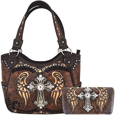 WESTERN STYLE RINESTONE CROSS STUDED LASER CUT WINGS TOOLED Leder Tasche Frauen Handtaschen Land Schulter Tasche Geldbeutel S