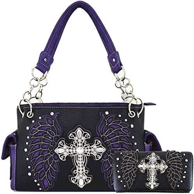 WESTERN STYLE RINESTONE CROSS STUDED LASER CUT WINGS TOOLED Leder Tasche Frauen Handtaschen Land Schulter Tasche Geldbeutel S