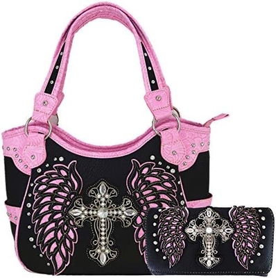 WESTERN STYLE RINESTONE CROSS STUDED LASER CUT WINGS TOOLED Leder Tasche Frauen Handtaschen Land Schulter Tasche Geldbeutel S