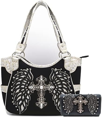 WESTERN STYLE RINESTONE CROSS STUDED LASER CUT WINGS TOOLED Leder Tasche Frauen Handtaschen Land Schulter Tasche Geldbeutel S