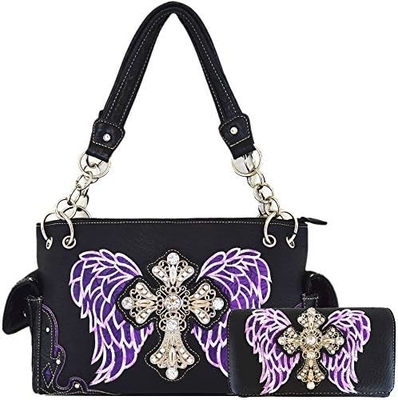 WESTERN STYLE RINESTONE CROSS STUDED LASER CUT WINGS TOOLED Leder Tasche Frauen Handtaschen Land Schulter Tasche Geldbeutel S