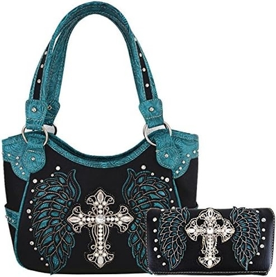 WESTERN STYLE RINESTONE CROSS STUDED LASER CUT WINGS TOOLED Leder Tasche Frauen Handtaschen Land Schulter Tasche Geldbeutel S