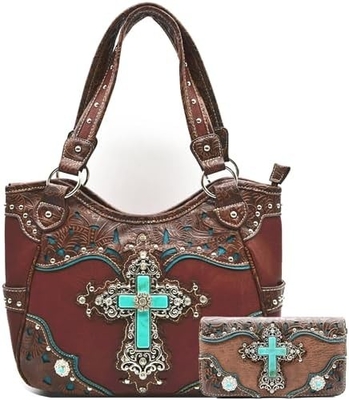WESTERN STYLE RINESTONE CROSS STUDED LASER CUT WINGS TOOLED Leder Tasche Frauen Handtaschen Land Schulter Tasche Geldbeutel S