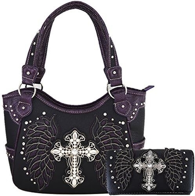 WESTERN STYLE RINESTONE CROSS STUDED LASER CUT WINGS TOOLED Leder Tasche Frauen Handtaschen Land Schulter Tasche Geldbeutel S