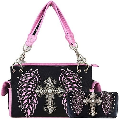 WESTERN STYLE RINESTONE CROSS STUDED LASER CUT WINGS TOOLED Leder Tasche Frauen Handtaschen Land Schulter Tasche Geldbeutel S