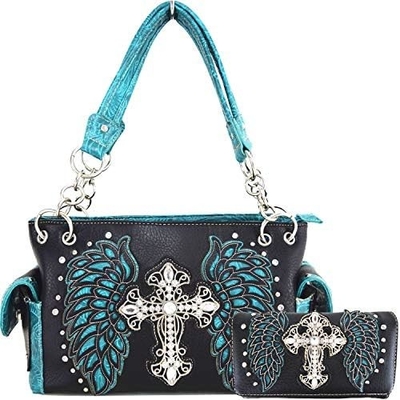 WESTERN STYLE RINESTONE CROSS STUDED LASER CUT WINGS TOOLED Leder Tasche Frauen Handtaschen Land Schulter Tasche Geldbeutel S