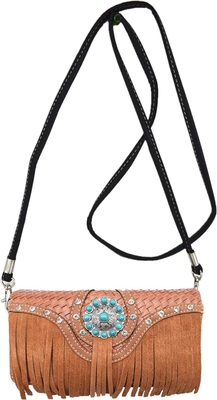 WESTERN STYLE FRIENGE CONCHOS GEM RHINESTONE STUDED BRAITED LEATHER BURSE LAND Handtasche Frauen Schultertasche Geldbeutel-Set