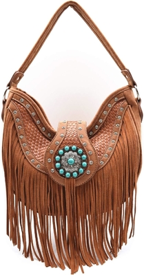 WESTERN STYLE FRIENGE CONCHOS GEM RHINESTONE STUDED BRAITED LEATHER BURSE LAND Handtasche Frauen Schultertasche Geldbeutel-Set