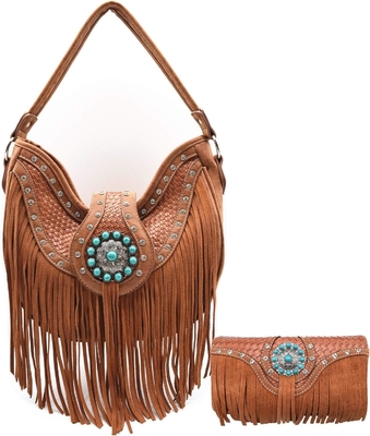 WESTERN STYLE FRIENGE CONCHOS GEM RHINESTONE STUDED BRAITED LEATHER BURSE LAND Handtasche Frauen Schultertasche Geldbeutel-Set