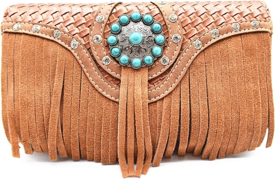 WESTERN STYLE FRIENGE CONCHOS GEM RHINESTONE STUDED BRAITED LEATHER BURSE LAND Handtasche Frauen Schultertasche Geldbeutel-Set