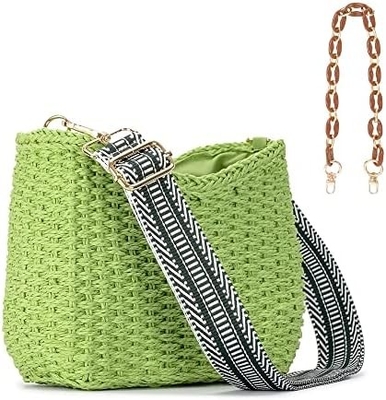 Herald kleine handgefertigte Strohtasche Taschenbüchse für Frauen, Sommer schicke Gewebe Handtasche Schultertasche mit Kette