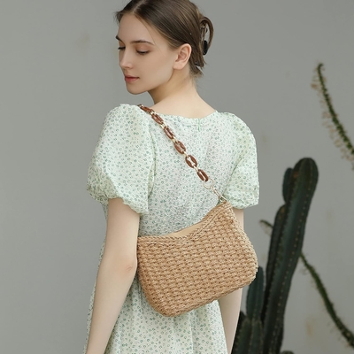 Herald kleine handgefertigte Strohtasche Taschenbüchse für Frauen, Sommer schicke Gewebe Handtasche Schultertasche mit Kette