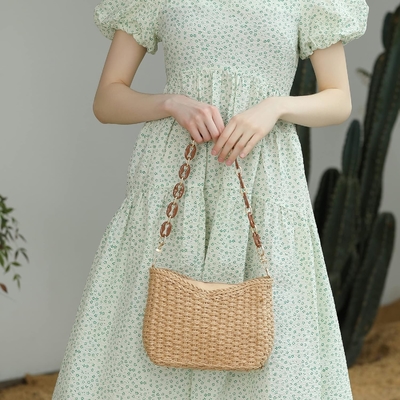 Herald kleine handgefertigte Strohtasche Taschenbüchse für Frauen, Sommer schicke Gewebe Handtasche Schultertasche mit Kette