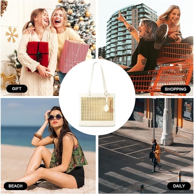 Strandbeutel aus Stroh für Frauen Sommer gewebte Rattan-Tote-Tasche Strohbeutel und Handtaschen für den Urlaub mit Anhänger