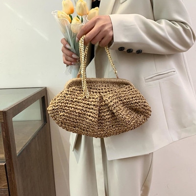 Strand-Chic Frauen-Raffia Stroh-Dumpling-Clutch stilvolle Sommerferien Crossbody-Tasche Rattan-Börse