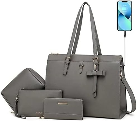 KEYLI 4PC SETS LAPTOP BAG FÜR DAMEN LARGE Leder Laptop Briefcase mit USB-Ladestation Computer Schulter TOTE BAGS PU