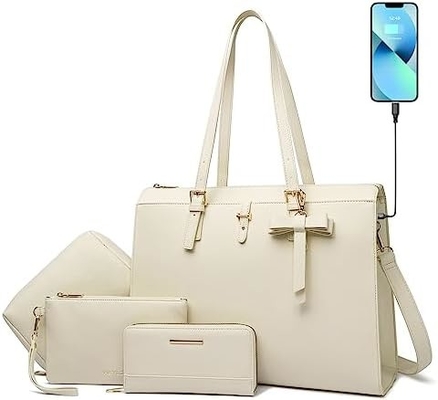 KEYLI 4PC SETS LAPTOP BAG FÜR DAMEN LARGE Leder Laptop Briefcase mit USB-Ladestation Computer Schulter TOTE BAGS PU