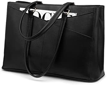 Laptop-Tote-Tasche für Frauen 15,6 Zoll wasserdichtes Leder-Computer-Taschen Geschäfts-Büro-Arbeit Briefkasten Schwarz