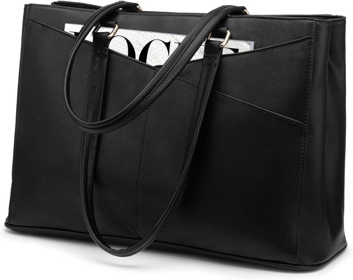 Laptop-Tote-Tasche für Frauen 15,6 Zoll wasserdichtes Leder-Computer-Taschen Geschäfts-Büro-Arbeit Briefkasten Schwarz