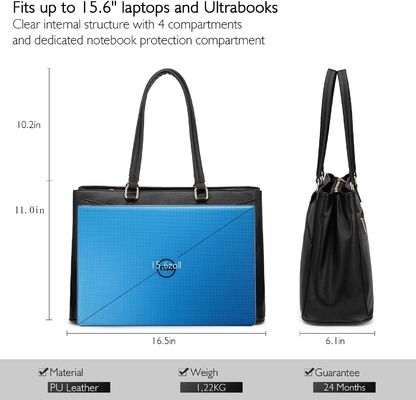 Laptop-Tote-Tasche für Frauen 15,6 Zoll wasserdichtes Leder-Computer-Taschen Geschäfts-Büro-Arbeit Briefkasten Schwarz