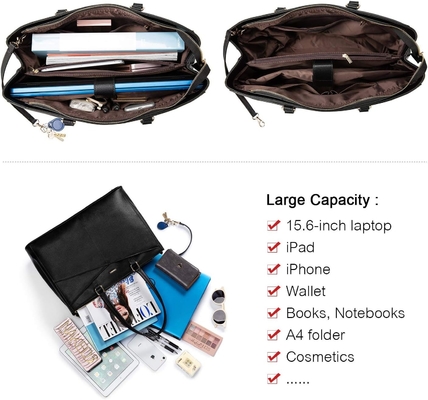Laptop-Tote-Tasche für Frauen 15,6 Zoll wasserdichtes Leder-Computer-Taschen Geschäfts-Büro-Arbeit Briefkasten Schwarz