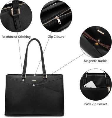 Laptop-Tote-Tasche für Frauen 15,6 Zoll wasserdichtes Leder-Computer-Taschen Geschäfts-Büro-Arbeit Briefkasten Schwarz
