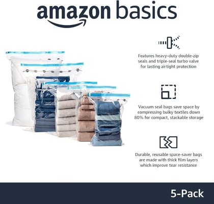 Amazon Basics Vakuum-Komprimierung Reißverschluss-Storage-Taschen mit Handpumpe, mittlere, 5-Pack, weiß, Himmelblau