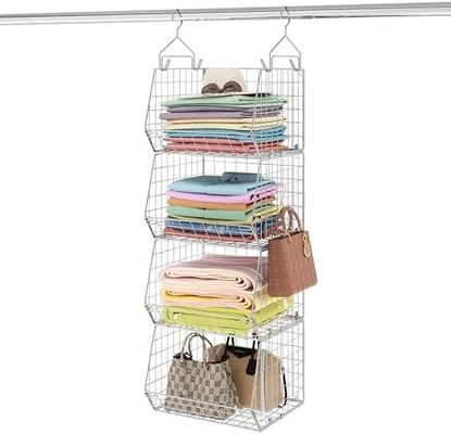 X-COSRACK 4 TIER Klappschrank-Organisator, Kleiderregale mit 5 S-Haken, Wandmontage und Kabinett Draht Lagerung Korbbehälter,