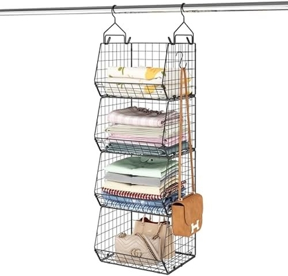 X-COSRACK 4 TIER Klappschrank-Organisator, Kleiderregale mit 5 S-Haken, Wandmontage und Kabinett Draht Lagerung Korbbehälter,