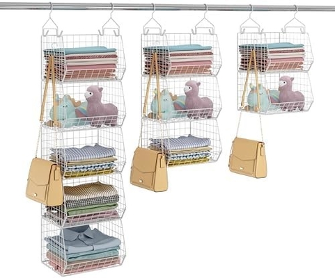 X-COSRACK 4 TIER Klappschrank-Organisator, Kleiderregale mit 5 S-Haken, Wandmontage und Kabinett Draht Lagerung Korbbehälter,