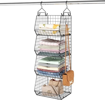 X-COSRACK 4 TIER Klappschrank-Organisator, Kleiderregale mit 5 S-Haken, Wandmontage und Kabinett Draht Lagerung Korbbehälter,
