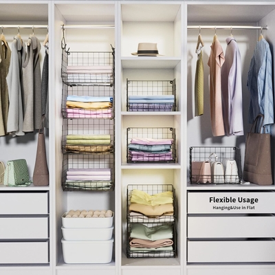 X-COSRACK 4 TIER Klappschrank-Organisator, Kleiderregale mit 5 S-Haken, Wandmontage und Kabinett Draht Lagerung Korbbehälter,