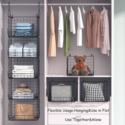 X-COSRACK 4 TIER Klappschrank-Organisator, Kleiderregale mit 5 S-Haken, Wandmontage und Kabinett Draht Lagerung Korbbehälter,