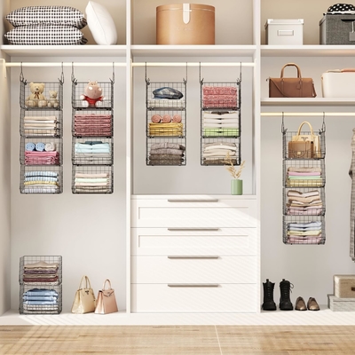 X-COSRACK 4 TIER Klappschrank-Organisator, Kleiderregale mit 5 S-Haken, Wandmontage und Kabinett Draht Lagerung Korbbehälter,