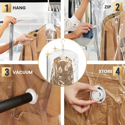 TAILI Hängende Vakuumspeicherbeutel Raum spart Taschen, Satz von 4 (2 lang, 2 kurz), klare Vakuumsiegelbeutel für Kleidung